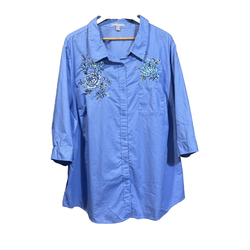 Woman Within Floral Embroidered Cotton Top Blue Size 3X Cottage Mature Relaxed